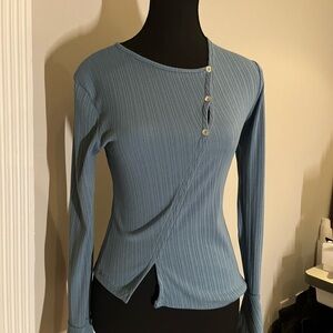 Women's Blue Ribbed Long-Sleeve Asymmetrical Top